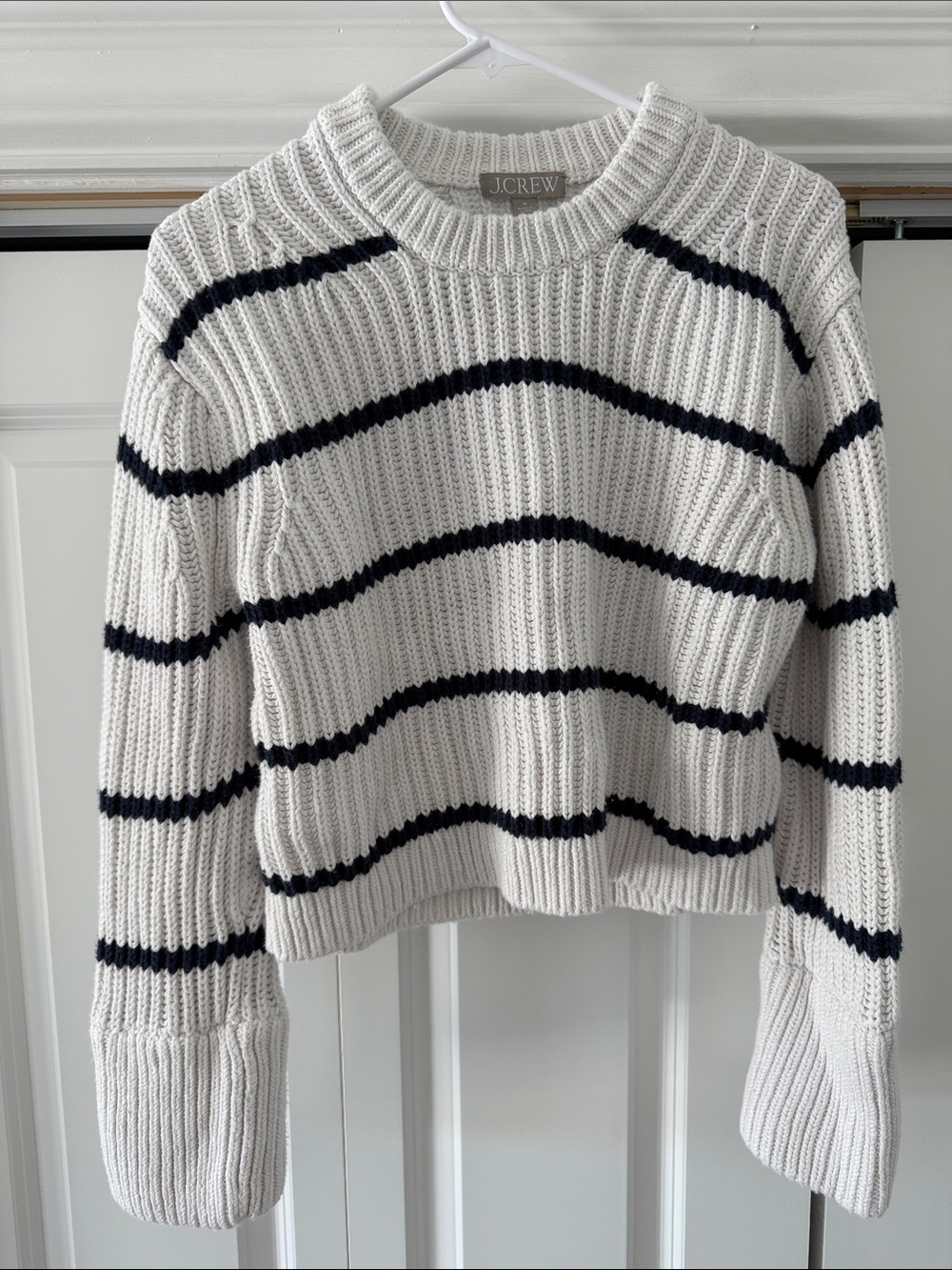 J. Crew White Cream Crewneck Sweater with Navy Stripes